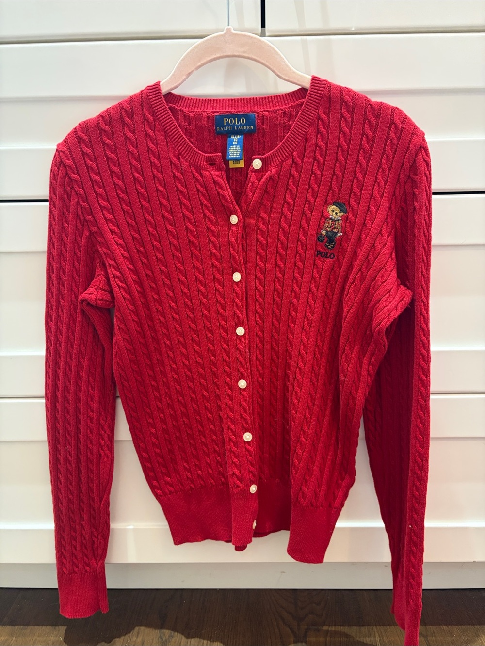 Kids XL-Polo by Ralph Lauren Red Cable-Knit Bear Crewneck Cardigan